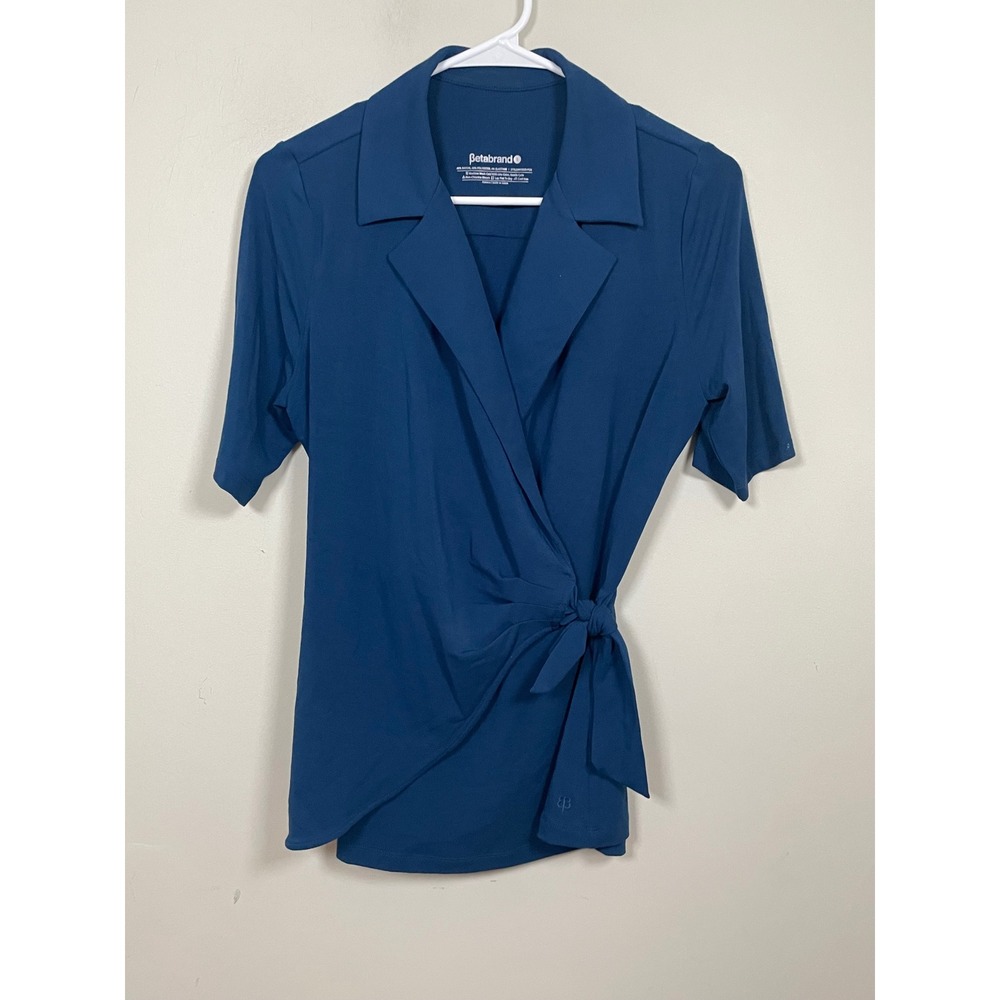 Betabrand Collared Faux Wrap Side Tie Blouse In Blue Size Small Business Casual